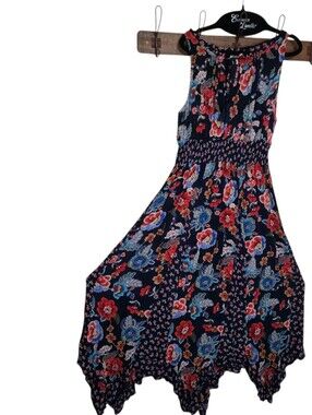 Bila Dress Womens Med. Maxi Boho Handkerchief Hem Floral Western Cottage Peasant